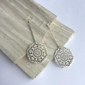 Long Silver filigree medallion dangle Earrings